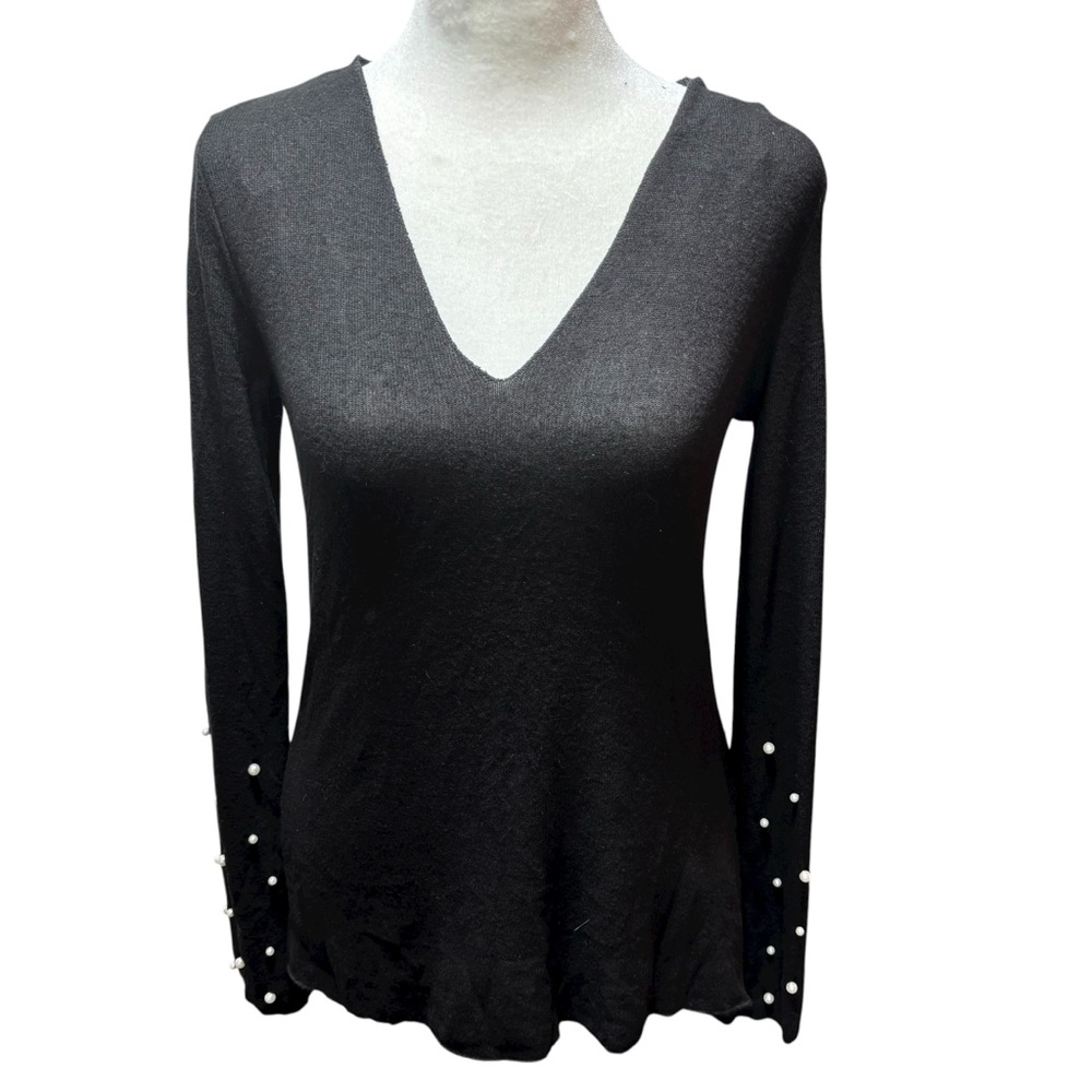 Zara Black V-Neck Knit Top with Pearl Bead‎ Embellished Sleeves Small #168